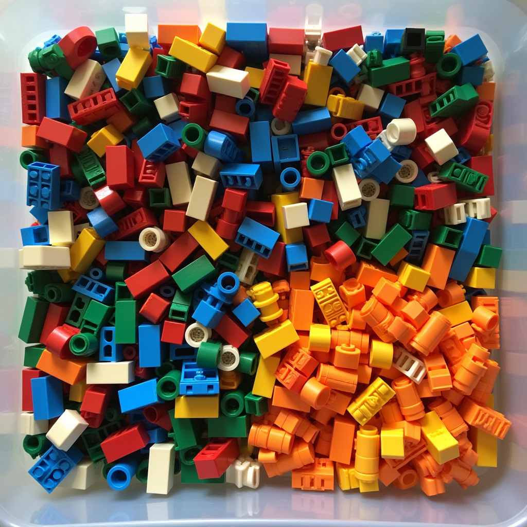 Alt Text: An image showing half of a bin filled with mixed LEGO bricks and the other half sorted into separate piles sorted by color.