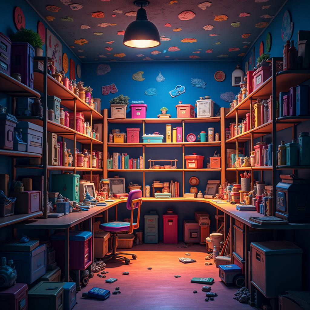Image of glowing organized shelves amidst a chaotic room filled with vibrant colors.
