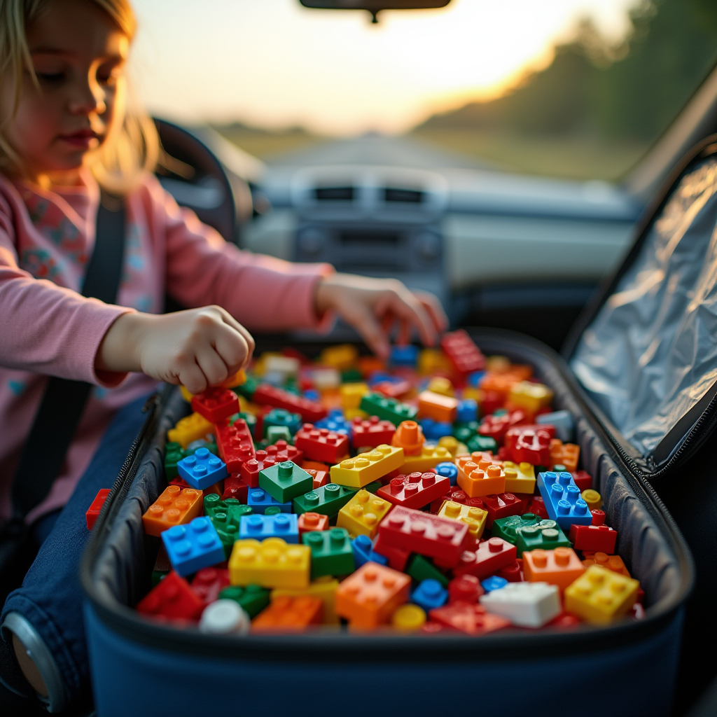 A young child's hands skillfully connecting colorful LEGO bricks inside a neat travel case, backdrop of a picturesque road trip