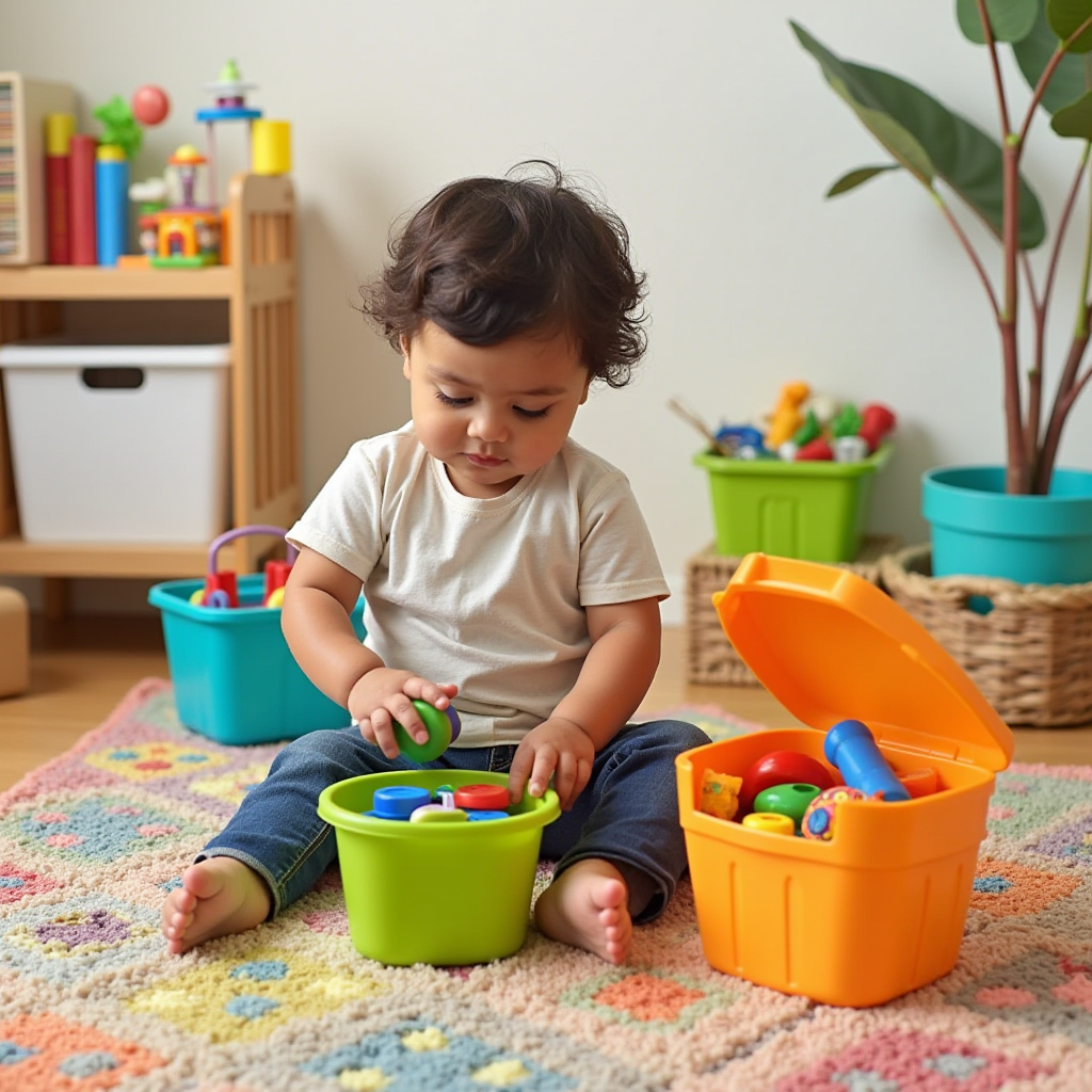 A thoughtful child sitting on a brightly colored rug, organizing a collection of toys into colorful open storage bins.