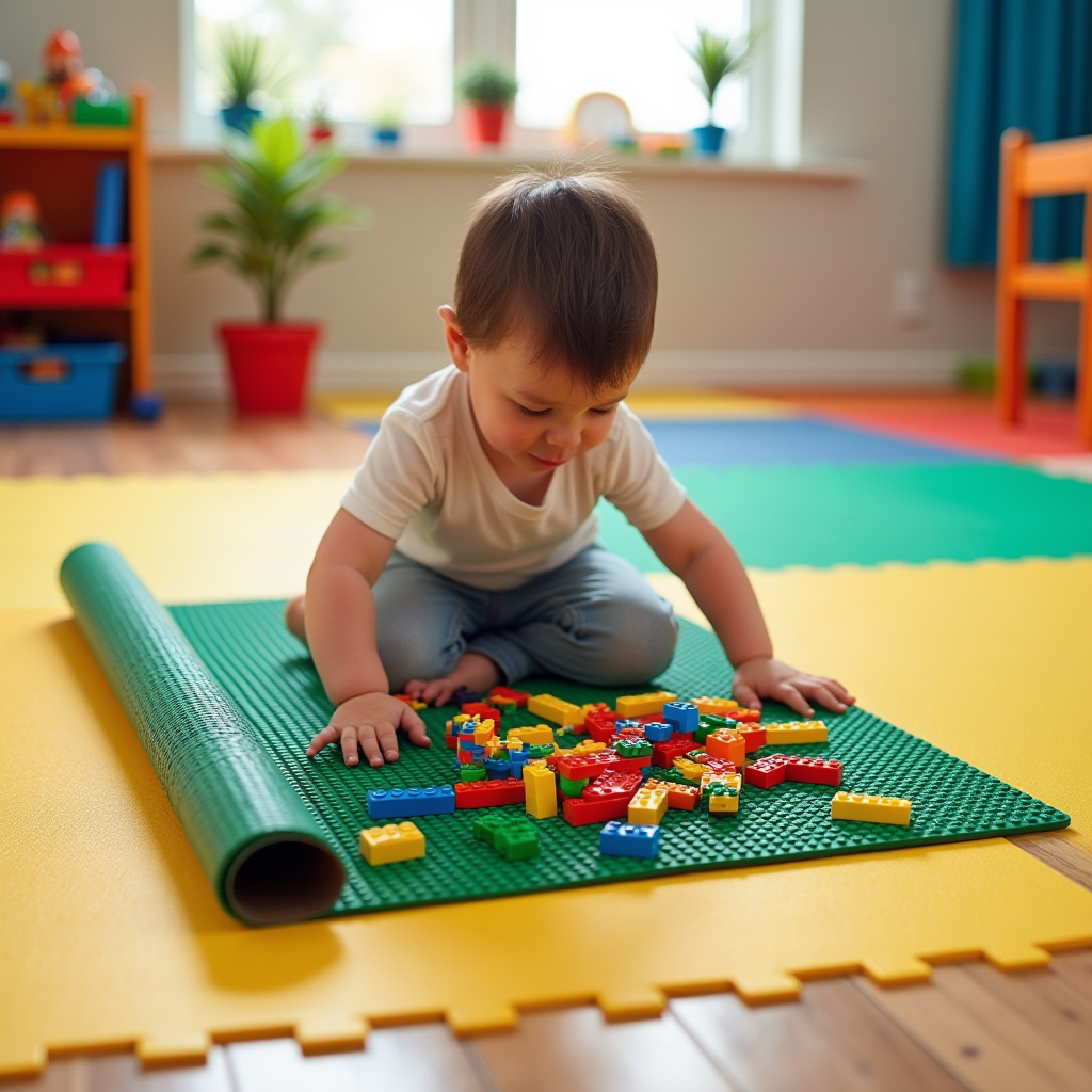 Kid spreading out a colorful LEGO mat on a bright playroom floor