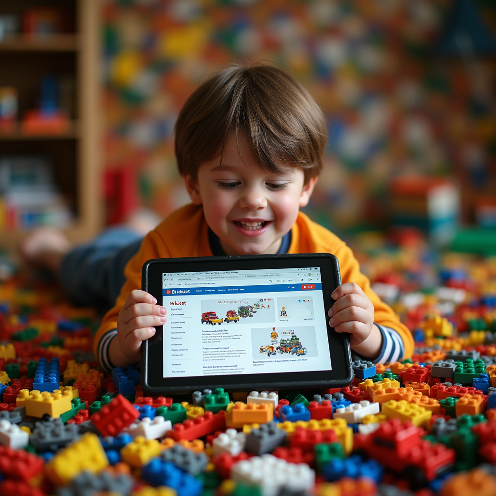 A young child engrossed with a tablet displaying Brickset website, surrounded by a multitude of LEGO pieces