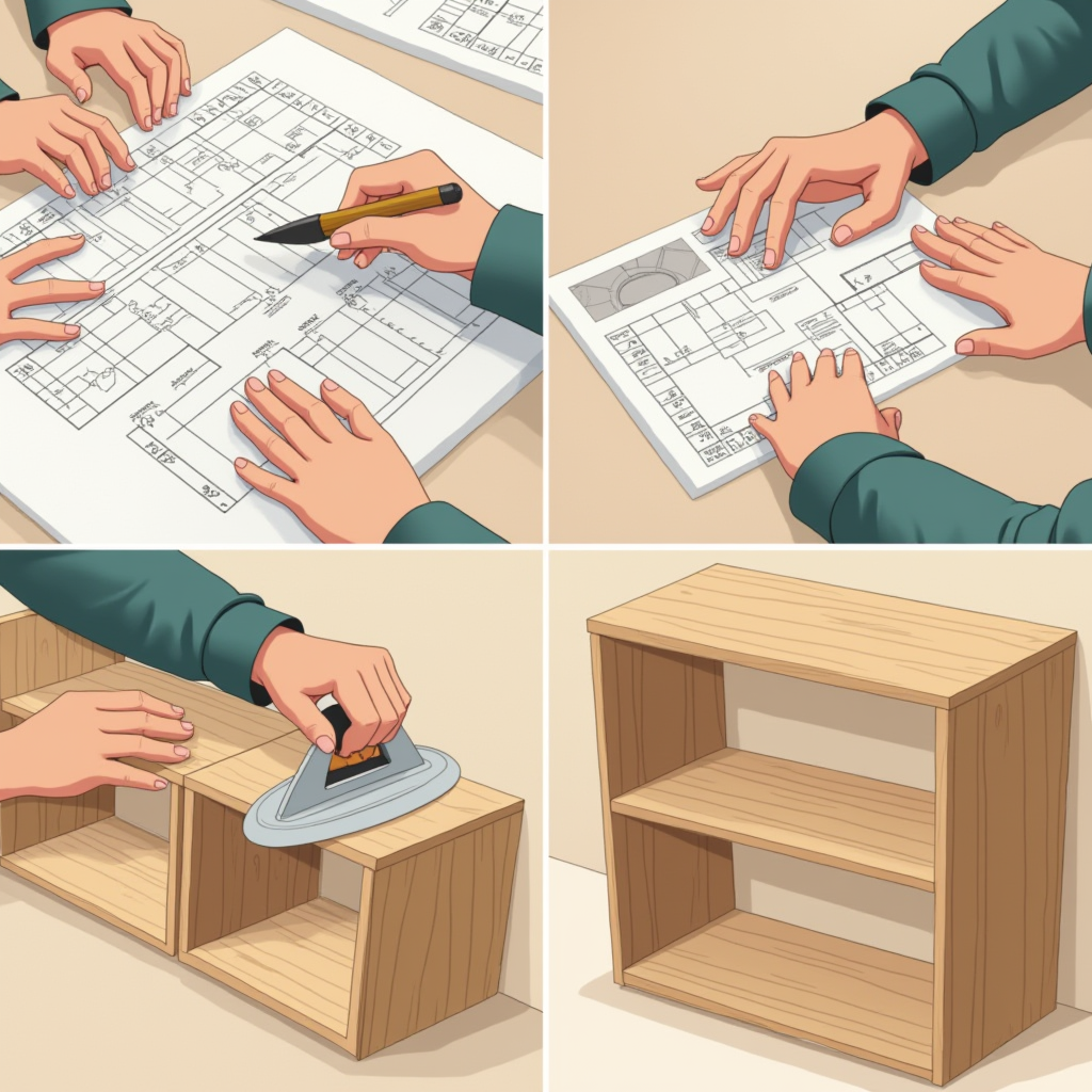 Alt Text: Image showcasing hands sketching a storage layout, using a carpentry tool and constructing wooden storage shelves.