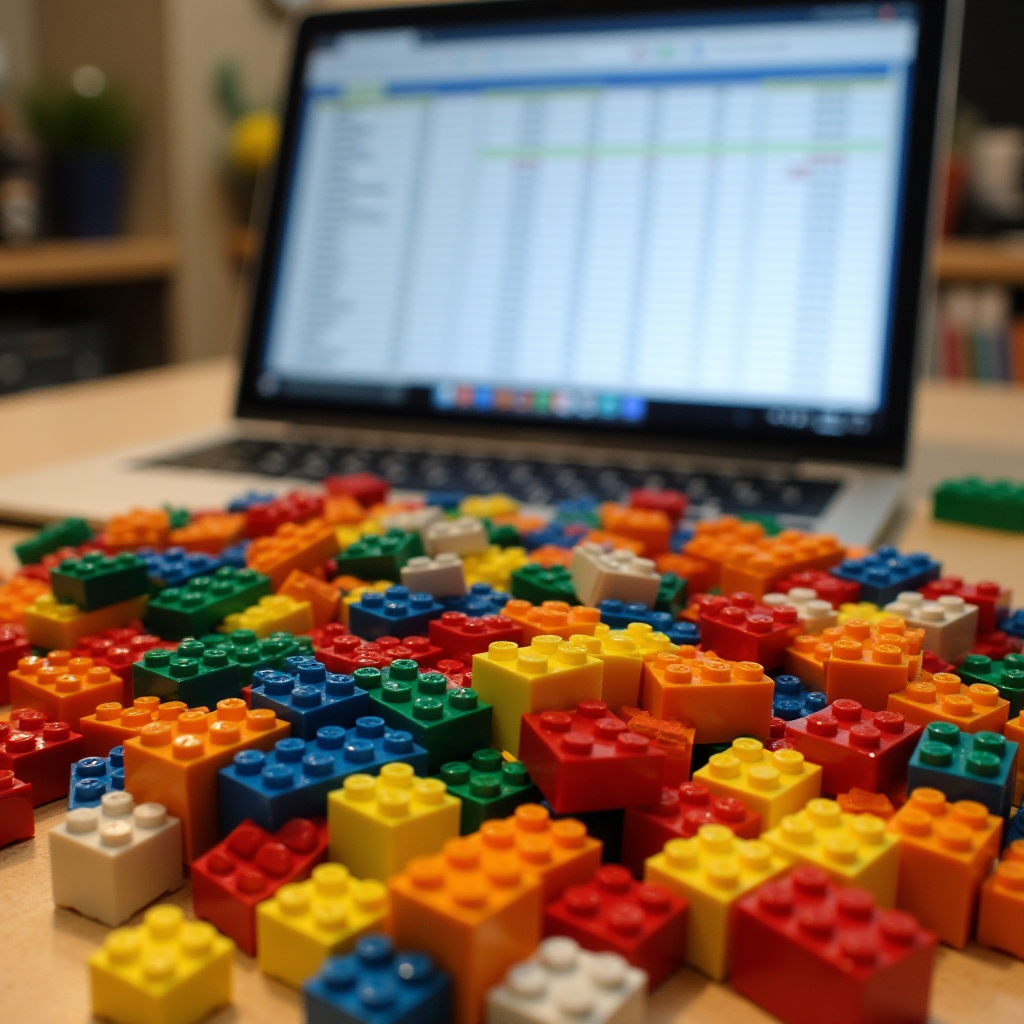 Alt Text: A wide variety of LEGO bricks in different colors and sizes, all neatly sorted out, with an open laptop showing a detailed spreadsheet in the background.