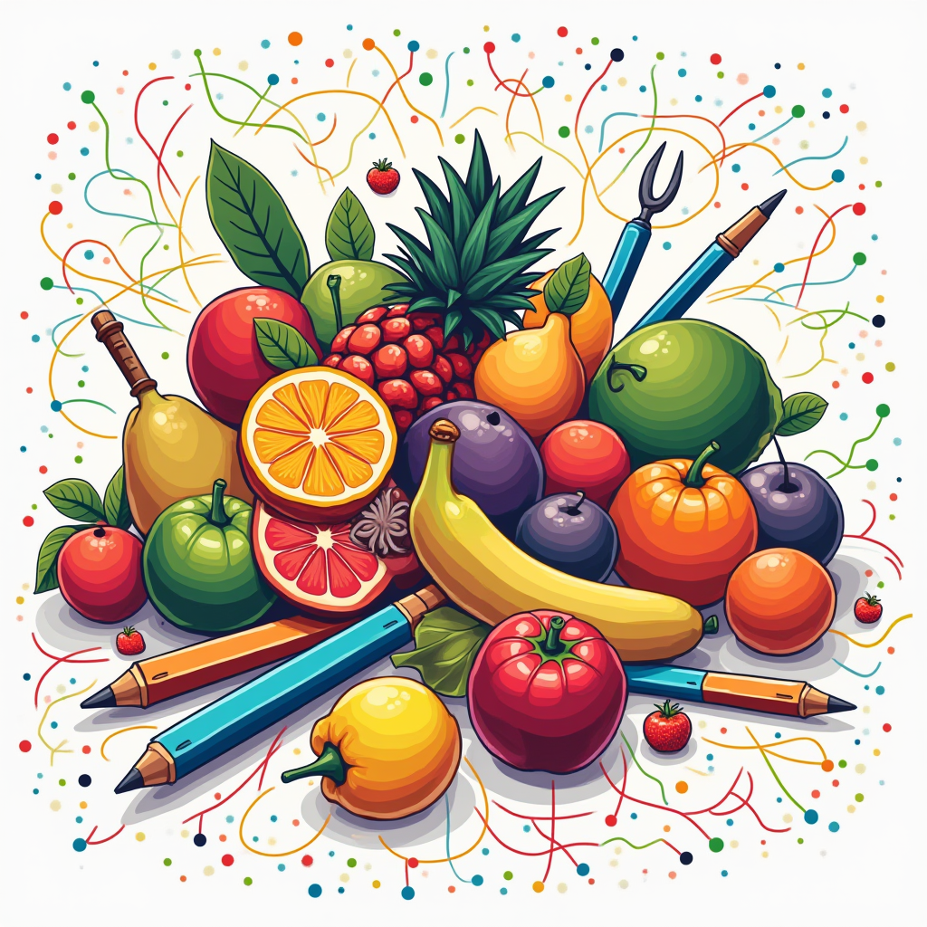Alt text: Image of a multicolored pile of different objects including fruits, tools, and art supplies, separated by vibrant connector lines.