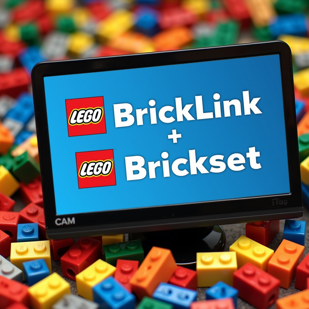An image of a computer screen with BrickLink and Brickset logos, surrounded by multi-colored LEGO bricks.