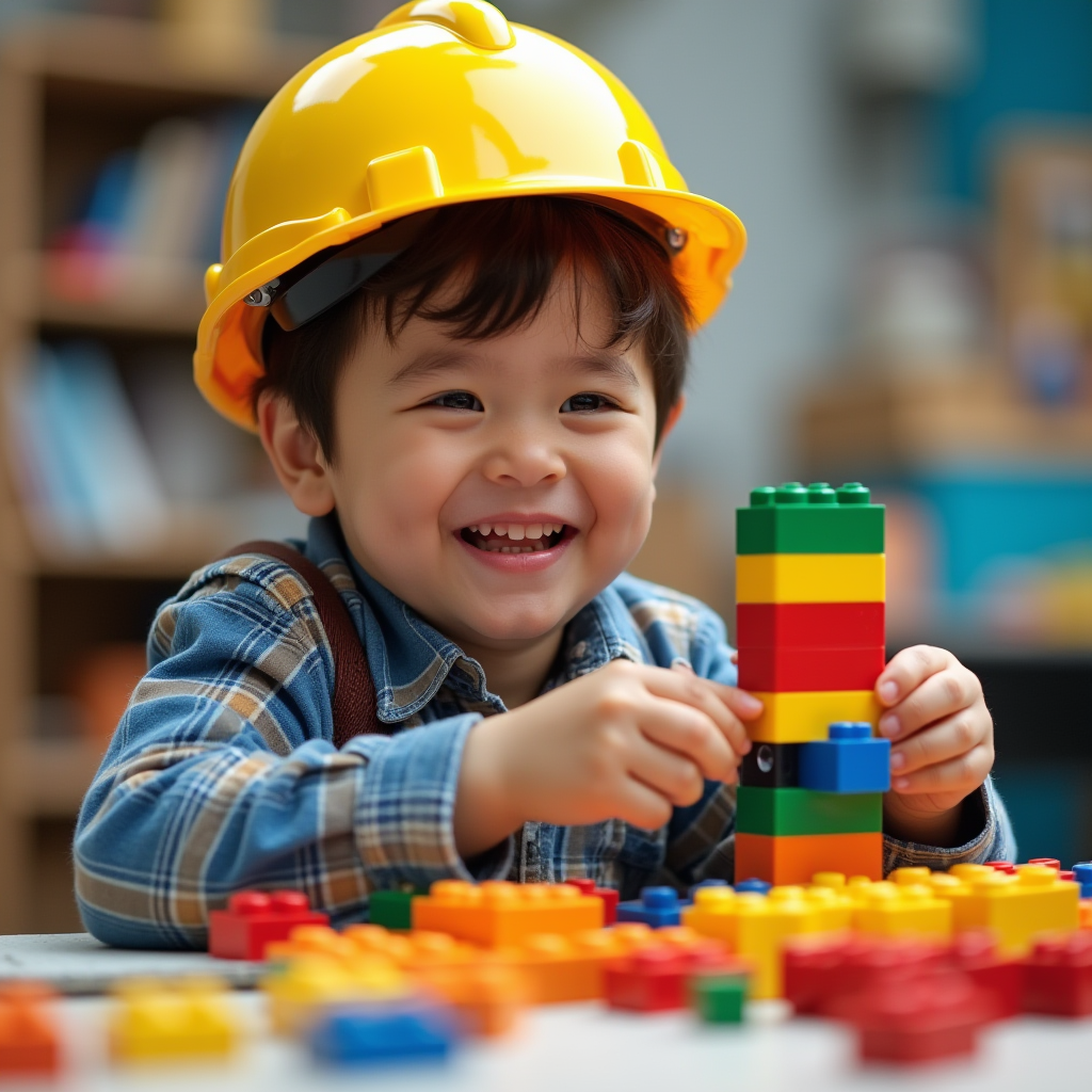 An architect grinning widely as he pieces together multicolored Lego bricks to create a vibrant building.