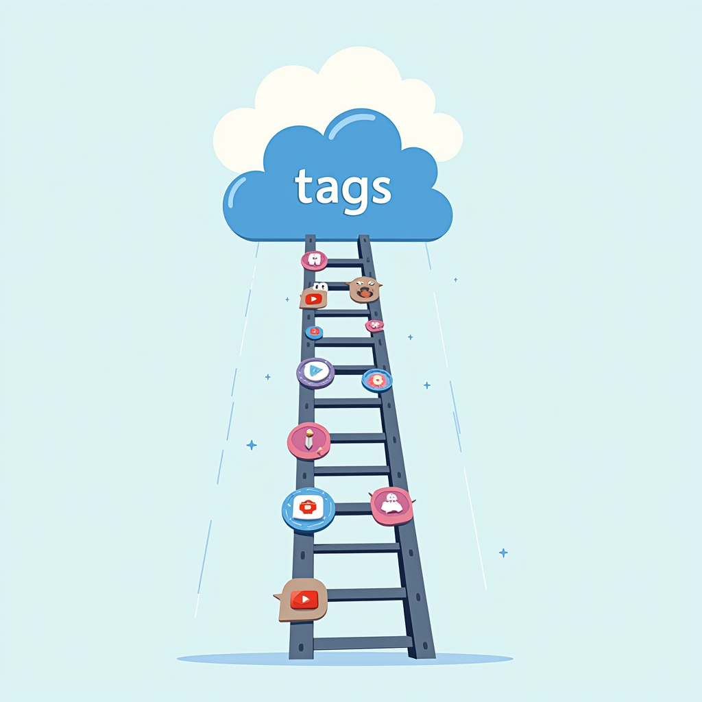 A digital ladder made up of various asset icons, ascending into a cloud labeled 'tags'.