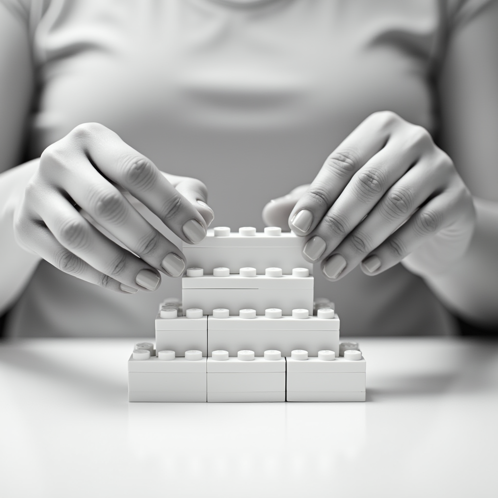 Human hands assembling a white Lego structure on a monochrome background