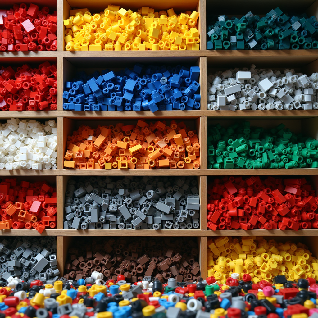 Alt Text: A panoramic view of various LEGO bricks sorted by color and shape on neat shelves.