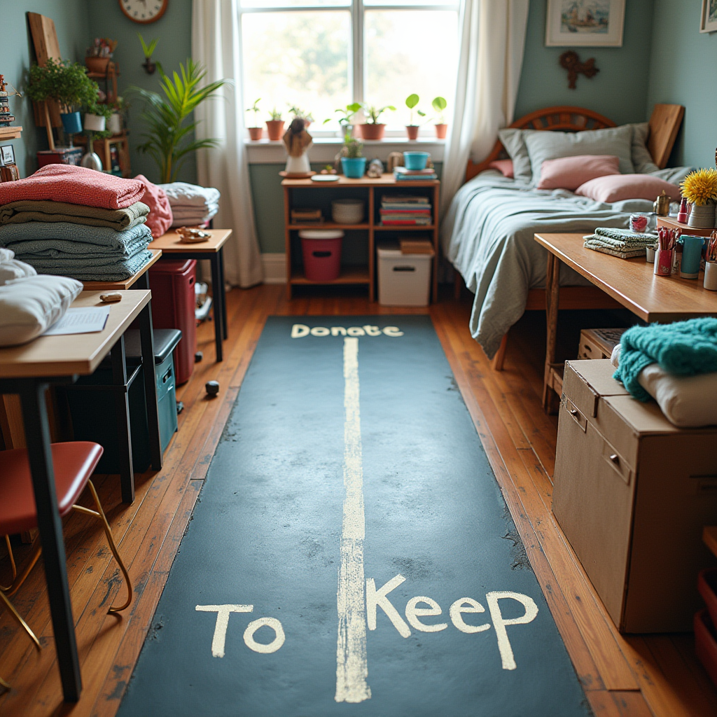 A room filled with various household items organized on either side of a bright chalk line, indicating 'To Donate' and 'To Keep'