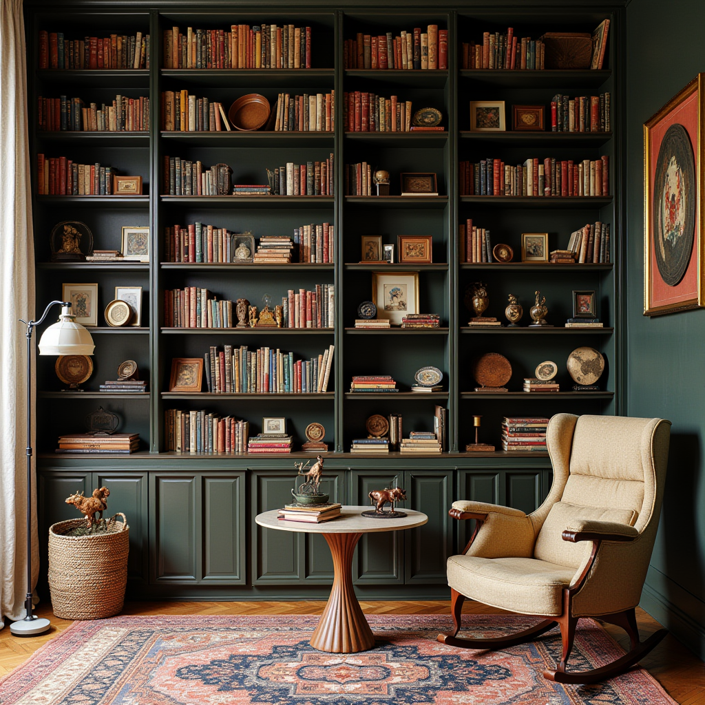 A sophisticated library showing neatly organized vintage toys, coins, and stamp collections