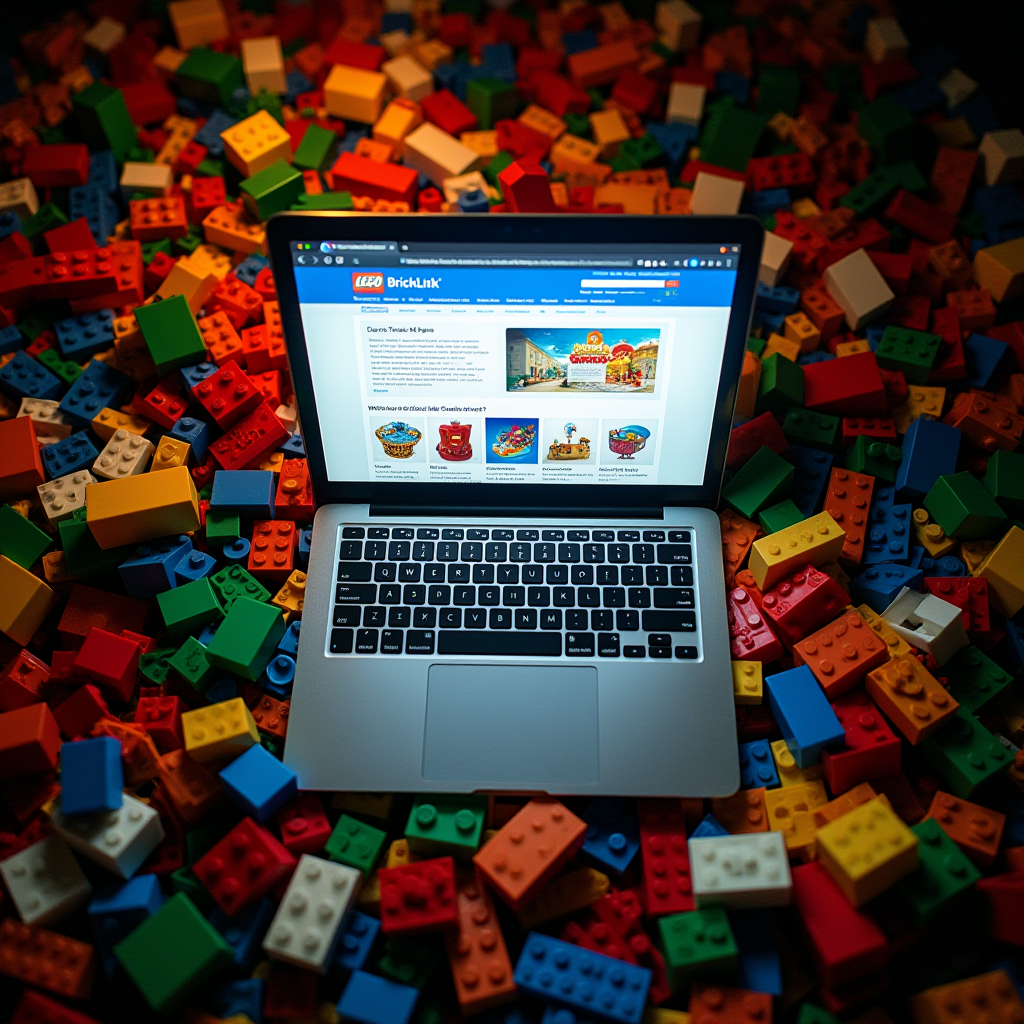 Alt Text: A desk is filled with sorted and categorized Lego bricks, a laptop screen on the side illuminates the BrickLink website.