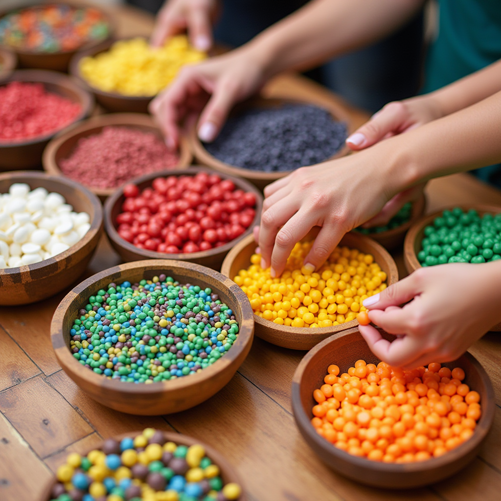 Alt Text: Hands sorting out an assortment of colorful candies such as jellybeans and hard candies into different color-coordinated bowls.
