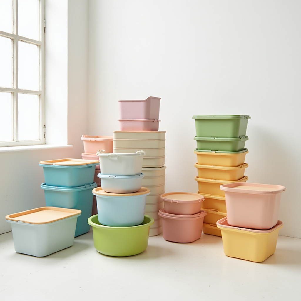 Stylish, colorful stackable bins and drawers artistically placed in a minimalist well-lit room