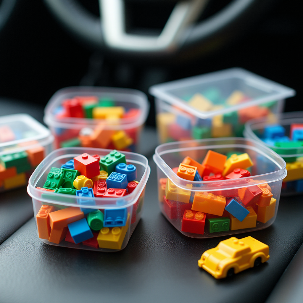 A variety of LEGO pieces in clear, car-friendly containers with a blurred car interior background.