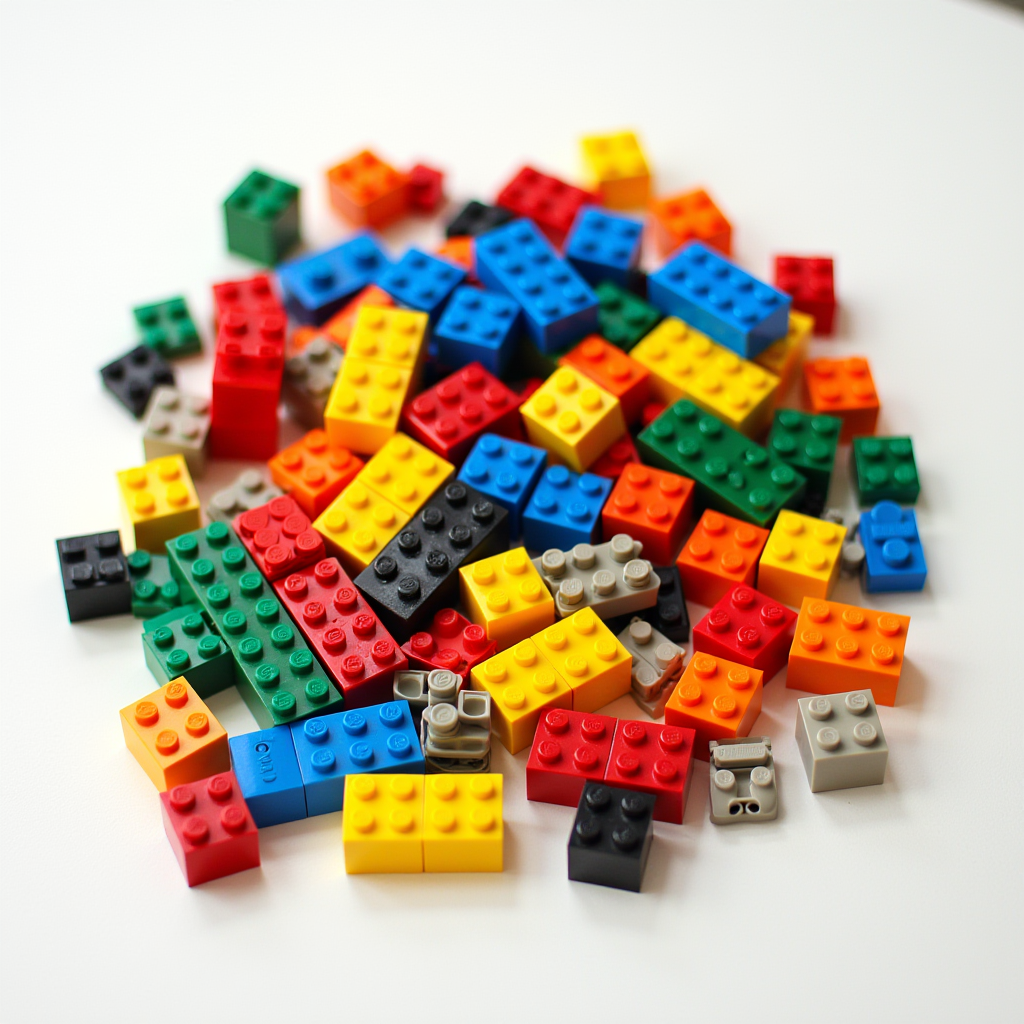Alt Text: A vibrant assortment of Lego blocks of different shapes, sizes, and colors arranged neatly on a white table