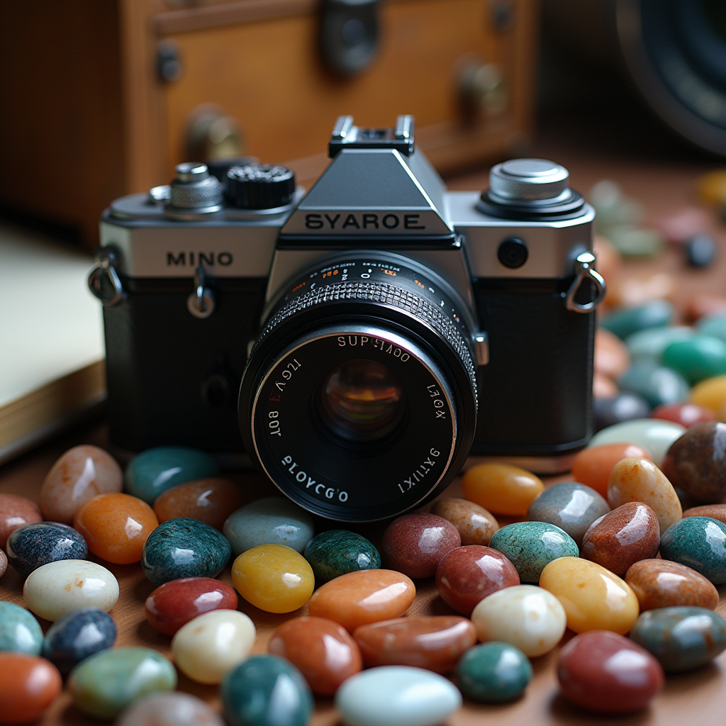 An antique camera on a desk, encircled by various brightly colored gemstones.