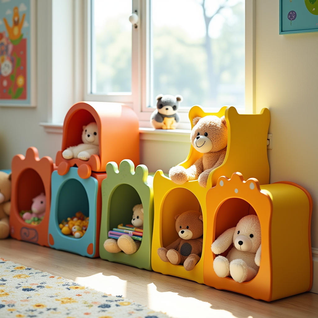 Colorful animal-shaped storage cubbies filled with various toys and games in a bright children's playroom