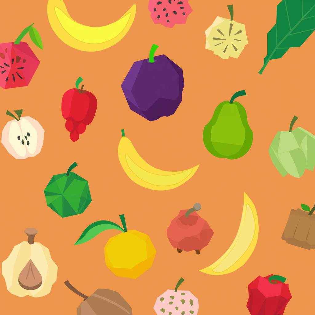 A colorful array of geometric-shaped fruits organized by shape on a vibrant backdrop