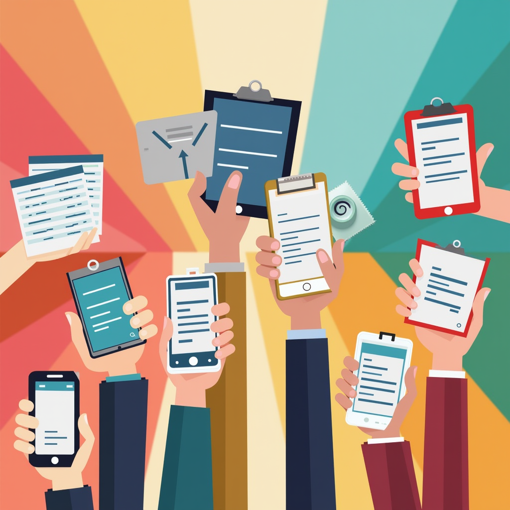 A variety of hands from different individuals holding up digital and physical labeling tools against a colorful backdrop