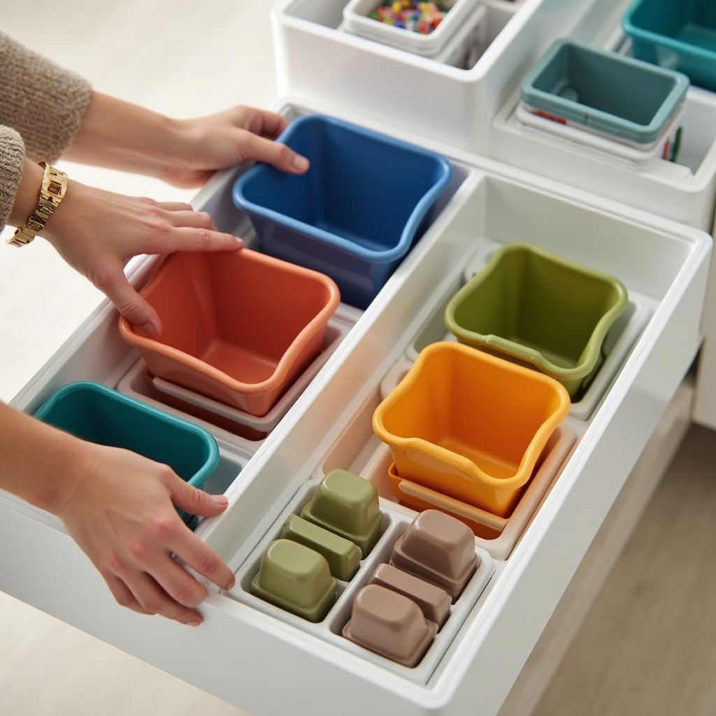 Alt Text: Hands arranging multiple colored containers in a stylish, modern storage system.