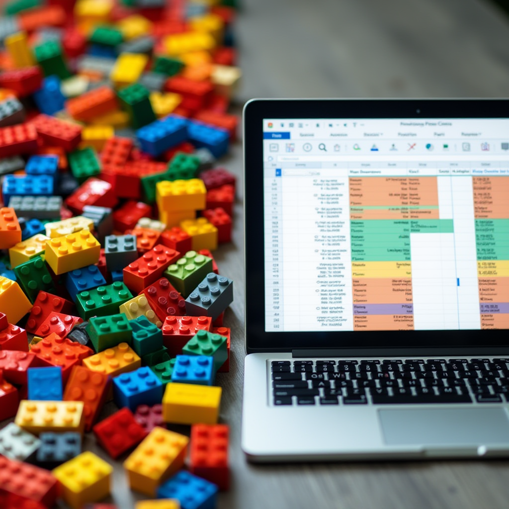 An image showcasing a well-sorted LEGO collection divided by color on one side and a laptop displaying a bright, color-coded spreadsheet on the other.