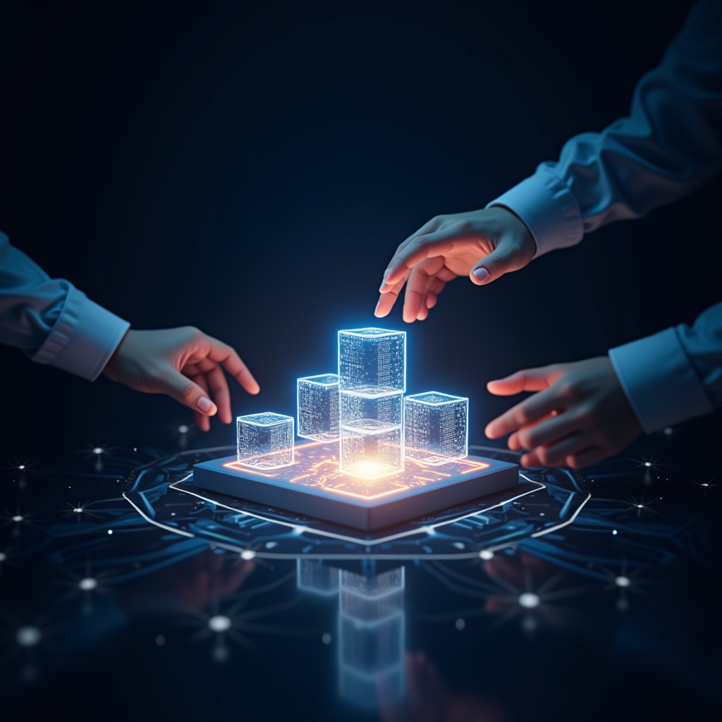 Alt Text: A pair of hands placing glowing data cubes on a futuristic platform.